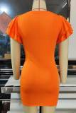 Tangerine Sweet Solid Patchwork Flounce O Neck Pencil Skirt Dresses