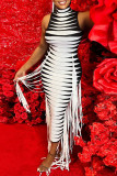 Black White Sexy Print Tassel Patchwork Turtleneck One Step Skirt Dresses