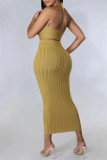 Yellow Fashion Sexy Solid Bandage Backless Halter Sleeveless Two Pieces