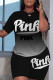 Black Fashion Casual Gradual Change Letter Print Basic O Neck Short Sleeve Two Pieces