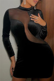 Black Fashion Sexy Solid Patchwork Tear Turtleneck Long Sleeve Dresses