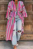 Rose Red Fashion Casual Striped Print Bandage Patchwork Outerwear