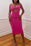 Rose Red Fashion Sexy Solid Hollowed Out Backless Spaghetti Strap Sleeveless Dress