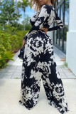 Black Red Fashion Casual Print Patchwork V Neck Long Sleeve Two Pieces