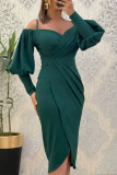 Rose Red Fashion Casual Solid Patchwork V Neck Long Sleeve Dresses