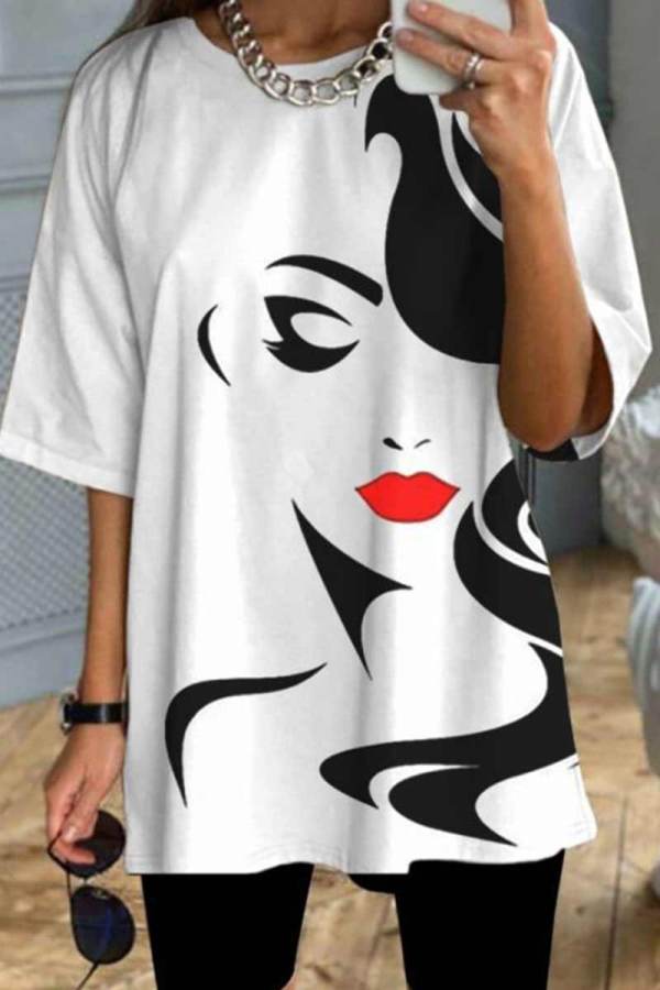 White Red Casual Print Patchwork O Neck T-Shirts