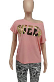 Pink Casual Bronzing Patchwork Oblique Collar T-Shirts