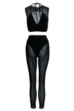 Coffee Sexy Solid Patchwork See-through O Neck Sleeveless Two Pieces
