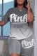 Grey Fashion Casual Gradual Change Letter Print Basic O Neck Short Sleeve Two Pieces
