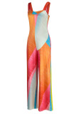 Orange Red Casual Print Patchwork Spaghetti Strap Straight Jumpsuits