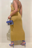 Yellow Fashion Sexy Solid Bandage Backless Halter Sleeveless Two Pieces
