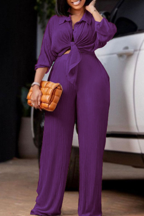 Purple Casual Solid Patchwork Buckle Turndown Collar Long Sleeve Two Pieces
