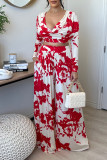 Black Red Fashion Casual Print Patchwork V Neck Long Sleeve Two Pieces
