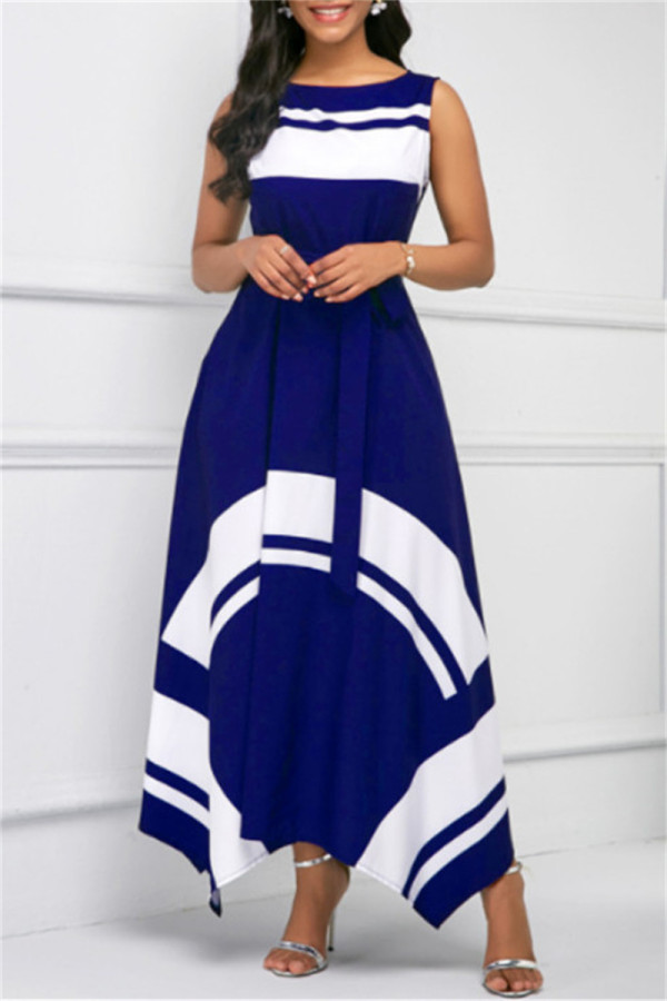 Blue Fashion Casual Print Asymmetrical O Neck Sleeveless Dress