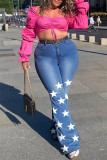 Blue Fashion Casual Print The stars Patchwork Plus Size Jeans