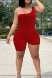 Red Sexy Casual Solid Asymmetrical One Shoulder Skinny Romper