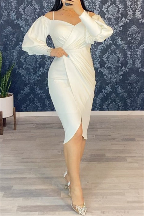 White Fashion Casual Solid Patchwork V Neck Long Sleeve Dresses