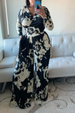 Black Red Fashion Casual Print Patchwork V Neck Long Sleeve Two Pieces