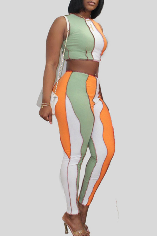 Green Casual Solid Patchwork O Neck Sleeveless Two Pieces