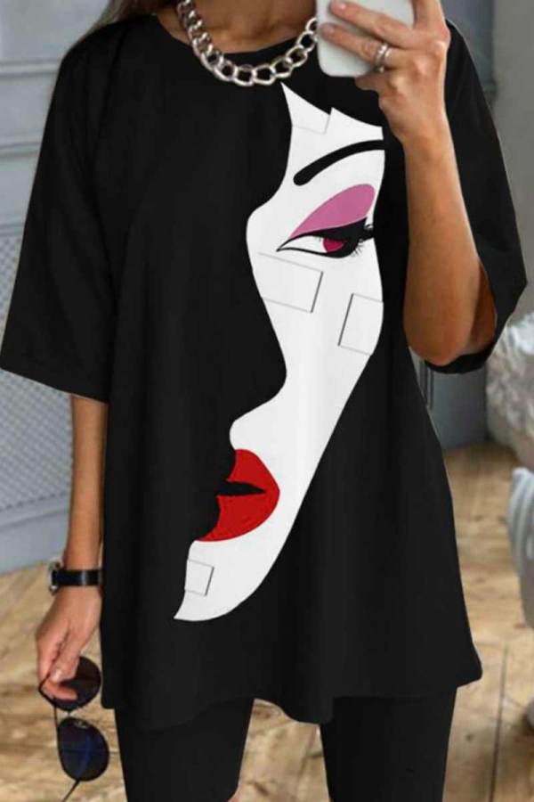 Black Casual Print Patchwork O Neck T-Shirts