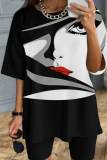 White Casual Print Patchwork O Neck T-Shirts