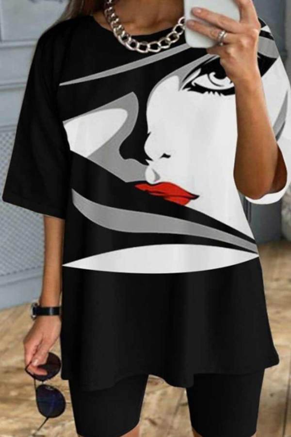 Black White Casual Print Patchwork O Neck T-Shirts