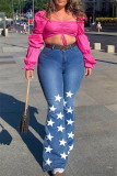 Blue Fashion Casual Print The stars Patchwork Plus Size Jeans