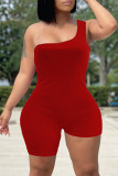 Red Sexy Casual Solid Asymmetrical One Shoulder Skinny Romper