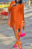 Blue Fashion Casual Solid Tassel Patchwork V Neck Straight Dresses