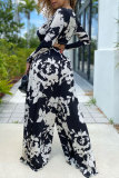 Black Red Fashion Casual Print Patchwork V Neck Long Sleeve Two Pieces