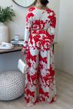 Black Red Fashion Casual Print Patchwork V Neck Long Sleeve Two Pieces
