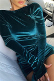 Blue Fashion Sexy Solid Backless O Neck Long Sleeve Dresses