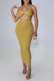 Yellow Fashion Sexy Solid Bandage Backless Halter Sleeveless Two Pieces