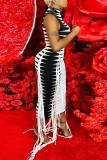 Black White Sexy Print Tassel Patchwork Turtleneck One Step Skirt Dresses