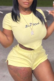 Yellow Casual Solid Embroidered Patchwork Asymmetrical O Neck Short Sleeve Two Pieces