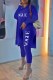 Deep Blue Fashion Casual Print Letter O Neck Long Sleeve Two Pieces