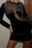 Black Fashion Sexy Solid Patchwork Tear Turtleneck Long Sleeve Dresses