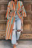 Rose Red Fashion Casual Striped Print Bandage Patchwork Outerwear