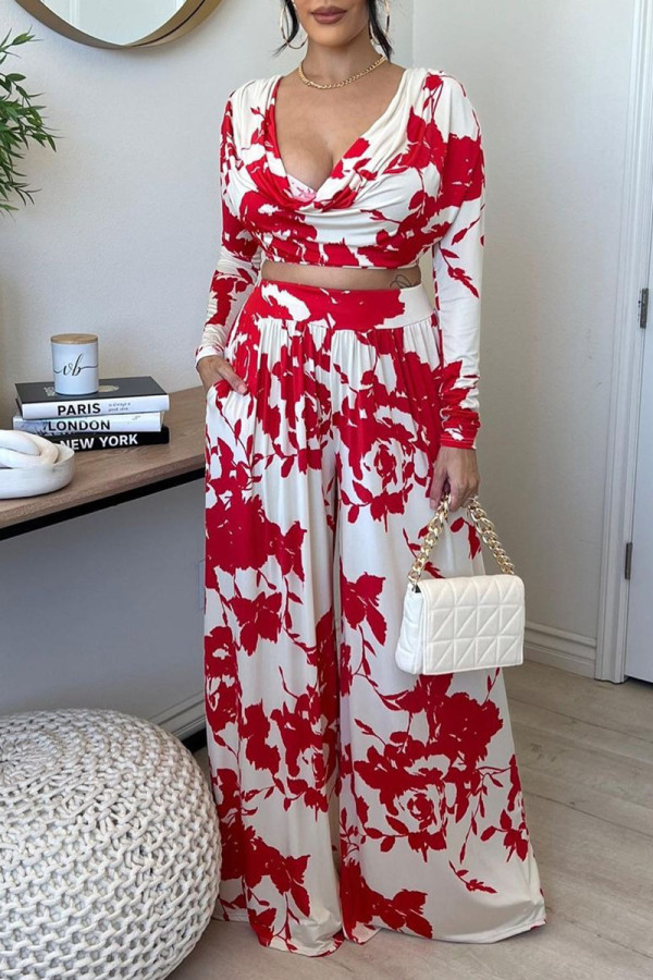 Black Red Fashion Casual Print Patchwork V Neck Long Sleeve Two Pieces