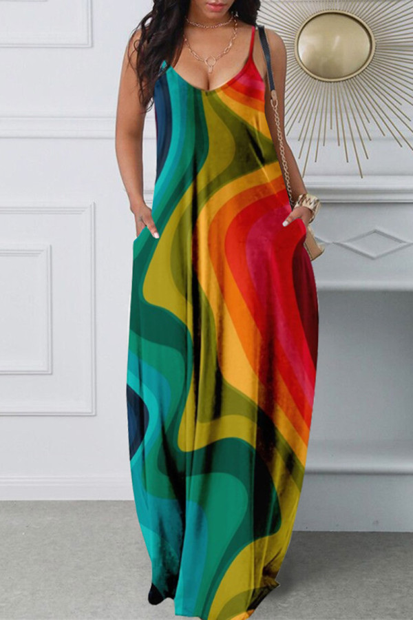 Colour Fashion Sexy Print Backless Spaghetti Strap Long Dress
