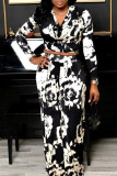 Black Red Fashion Casual Print Patchwork V Neck Long Sleeve Two Pieces
