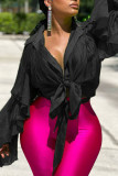 Rose Red Fashion Casual Solid Bandage Patchwork Buckle Asymmetrical Turndown Collar Tops