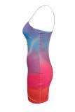 Red Blue Sexy Gradual Change Print Patchwork Spaghetti Strap Sling Dress Dresses