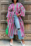 Rose Red Fashion Casual Striped Print Bandage Patchwork Outerwear