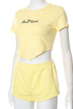 Yellow Casual Solid Embroidered Patchwork Asymmetrical O Neck Short Sleeve Two Pieces