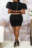Black Fashion Sexy Solid Hollowed Out Patchwork V Neck Short Sleeve Dress