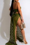 Army Green Fashion Sexy Patchwork Solid See-through Backless Halter Sleeveless Dress