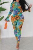Colour Sexy Print Patchwork O Neck Skinny Jumpsuits