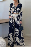Black Red Fashion Casual Print Patchwork V Neck Long Sleeve Two Pieces