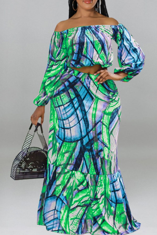 Green Casual Print Patchwork Off the Shoulder Long Sleeve Two Pieces